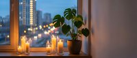 Cozy evening windowsill scene with glowing candles and monstera plant overlooking illuminated city skyline creating warm ambient atmosphere for relaxation.