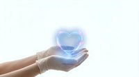Healthcare professional hands holding glowing heart symbol representing medical care, cardiology treatment and patient wellness in bright clinical setting.