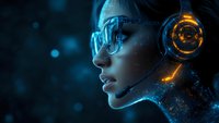 Young Asian woman in profile wearing glowing futuristic headphones and glasses against dark background with blue bokeh lights and digital particle effects.