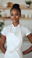 Young African American woman wearing white chef uniform and apron standing in modern kitchen with natural lighting and minimalist decor in background.