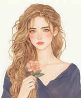 Young woman with long wavy honey-blonde hair holding pink rose, wearing navy blue dress. Soft romantic digital art style with delicate blush tones and dreamy expression.