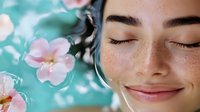 Young mixed race woman with freckles and closed eyes smiling serenely against turquoise water with floating pink flowers, representing wellness, mindfulness and spa concepts.