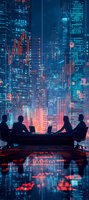 Business team silhouettes against futuristic cityscape with glowing data visualization and stock market charts in neon blue and red colors, reflecting modern finance.