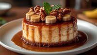 Caramel banana cheesecake topped with candied pecans, fresh mint garnish and drizzled with rich caramel sauce on white plate, close up view of dessert.