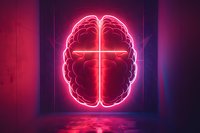 Glowing neon brain sign with cross shape on dark background with reflection on wet floor, pink and purple lighting effects creates futuristic atmosphere.