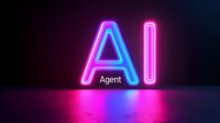 Glowing neon AI Agent text with blue and pink double outline effect on dark background with floor reflection creates modern technological atmosphere.