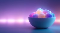 Glowing luminescent spheres in blue ceramic bowl against purple gradient background, creating magical atmospheric lighting effect for decorative design.