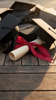 Graduation caps and diploma with red ribbon on wooden surface celebrating academic achievement and educational success milestone.