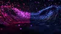 Magical wave formation with glowing pink and blue particles creating dynamic motion effect against dark background, abstract light visualization for design projects.