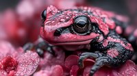 Vibrant pink fire-bellied toad with water droplets on skin, extreme macro photography showing detailed texture and black markings against pink background.