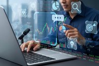 Professional trader analyzing financial data on laptop with digital interface overlay showing charts, graphs and business icons for investment strategy.