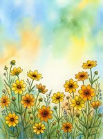 Watercolor wildflower meadow with yellow daisies and colorful sky background for spring greeting cards and botanical art projects.