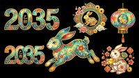 Colorful 2025 year numbers with decorative jade rabbit, ornamental lanterns, and festive floral medallions isolated on transparent background. Ready for t-shirt design, clipart, stickers, sublimation, and print-on-demand products.