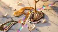 Liquid gold chrome metal flowing on marble surface with rainbow reflections and rose petals creating luxurious abstract composition for premium design projects.