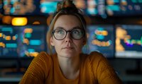 Focused young Caucasian woman in glasses and yellow sweater working late at night, illuminated by computer screens with blurred bokeh city lights in background.