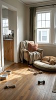 Cozy living room corner with comfortable armchair, dog bed, and scattered pet toys on hardwood floors near window with natural light streaming in.