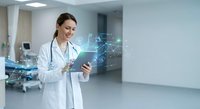 Female doctor using digital tablet with holographic medical data display in modern hospital corridor for healthcare technology innovation.