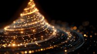 Abstract golden light trails forming Christmas tree shape with sparkling bokeh effects on dark background for holiday designs and festive decorations.