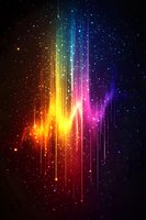 Vibrant rainbow spectrum light beams streaming downward with sparkling particles and glowing effects on dark starry background for digital art projects.