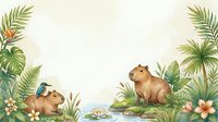 Capybaras resting in lush tropical wetland environment with palm fronds, monstera leaves, water lilies and flowering plants on isolated background for design projects.