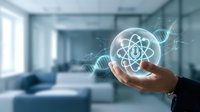 Scientist or researcher holding glowing atom symbol with DNA helix, representing nuclear science, molecular research, and biotechnology innovation in modern laboratory setting.