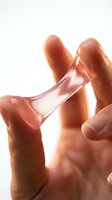 Hands stretching translucent pink gel or slime against white background, demonstrating elasticity and texture for product testing, sensory play, or skincare application concepts.