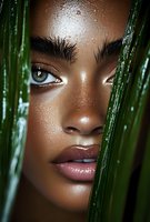 Close up portrait of young African woman with natural makeup and dewy skin peeking through tropical green palm leaves, beauty and skincare concept.