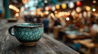 Turquoise ceramic coffee cup with crackle glaze finish on rustic wooden table against blurred city lights background creating cozy evening atmosphere.