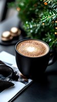 Creamy hot chocolate in black matte cup with frothy milk heart pattern, served with cookies against blurred Christmas tree lights and festive decorations.
