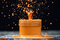 Orange paint splash explosion from jar with dynamic droplets and particles against dark background for creative design projects.