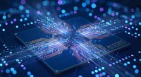 Futuristic microprocessor with glowing circuit pathways and bokeh lights representing advanced computing technology and artificial intelligence innovation.