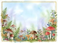 Watercolor forest floor border with mushrooms, ferns, berries and woodland plants arranged around edges on white background, suitable for invitations and stationery design.