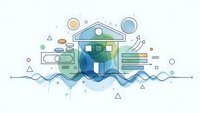 Modern house with solar panels surrounded by money stacks and geometric shapes on clean background for financial planning concepts.