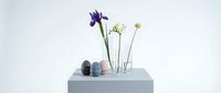 Minimalist still life with purple iris and white flowers in glass vase on geometric pedestal against clean white background for modern interior design.