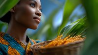 Young African woman in traditional dress holding woven basket with harvested grain, surrounded by green leaves in natural sunlight, side profile portrait.