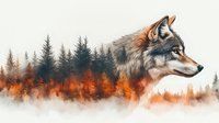 Artistic double exposure of majestic wolf head merged with burning forest landscape in orange and gray tones, showing environmental concept and wildlife conservation.