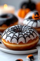 Halloween decorated donut with white frosting and black spider web design on white plate, with festive pumpkins and holiday decorations in soft focus background.