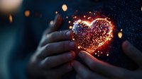 Magical glowing heart shape with sparkles and bokeh effects held gently between hands against dark background, creating romantic atmosphere and warm light.