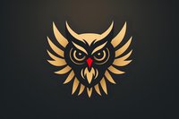 Stylized golden owl head with fierce expression and red beak on dark background, geometric wings spread wide, modern minimalist design for logo and branding.