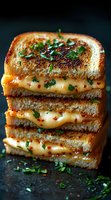 Grilled cheese sandwich with melted cheddar, toasted golden brown and garnished with fresh herbs and red pepper flakes on dark background, macro food photography.