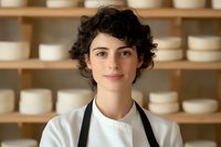 Young female chef with curly dark hair and friendly smile wearing white coat and black apron standing in front of artisanal cheese aging shelves in professional kitchen.