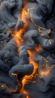 Abstract dark gray smoke swirls with glowing golden lightning streaks and orange energy flowing through mysterious cloudy formations against black background.