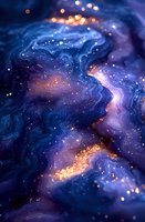 Abstract cosmic background with swirling deep blue and purple nebula patterns enhanced by golden sparkles and glowing light effects creating ethereal atmosphere.