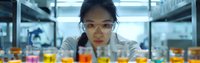 Young Asian female scientist in protective eyewear examining colorful liquid samples in laboratory setting, perfect for science, research, and medical advancement concepts.
