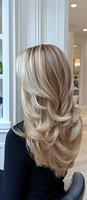 Layered blonde hair with highlights and lowlights showcasing voluminous styling and dimensional color technique in modern salon setting.