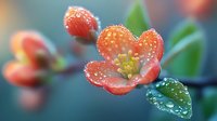 Delicate coral-colored flower with water droplets and morning dew on petals, soft blurred background creates dreamy macro photography effect.