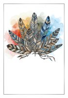Ornamental feather bouquet with geometric patterns and watercolor wash background in warm and cool tones. Isolated clipart suitable for t-shirt designs, wall art, and creative projects.