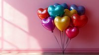 Colorful heart-shaped balloons floating against a pink wall with natural light shadows, perfect for celebrations, love themes, and festive event designs.