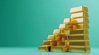 Gold bars stacked in ascending stair pattern against turquoise background, representing financial growth and investment success.