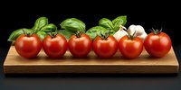 Fresh red tomatoes and basil leaves arranged in line on wooden cutting board against dark background, dramatic lighting highlights natural produce.